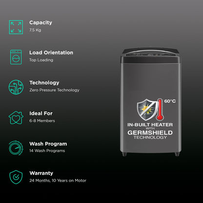 Godrej 7.5 kg 5 Star Fully Automatic Top Load Washing Machine (Magnus, WTEON MGNS 75 5.0 FDTG MTBK, Built In Heater, Metallic Black)