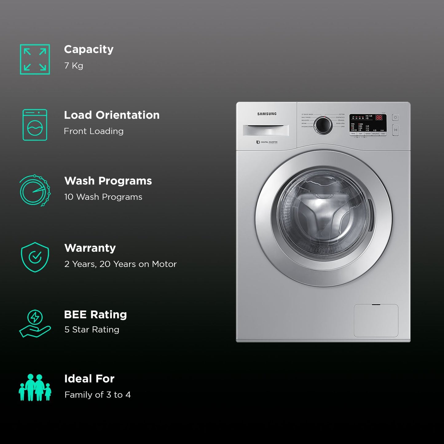 SAMSUNG 7 kg 5 Star Fully Automatic Front Load Washing Machine (WW70R20GLSS/TL, DIT Motor, Silver)
