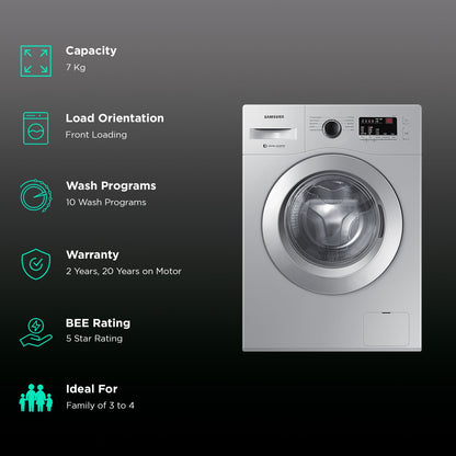 SAMSUNG 7 kg 5 Star Fully Automatic Front Load Washing Machine (WW70R20GLSS/TL, DIT Motor, Silver)