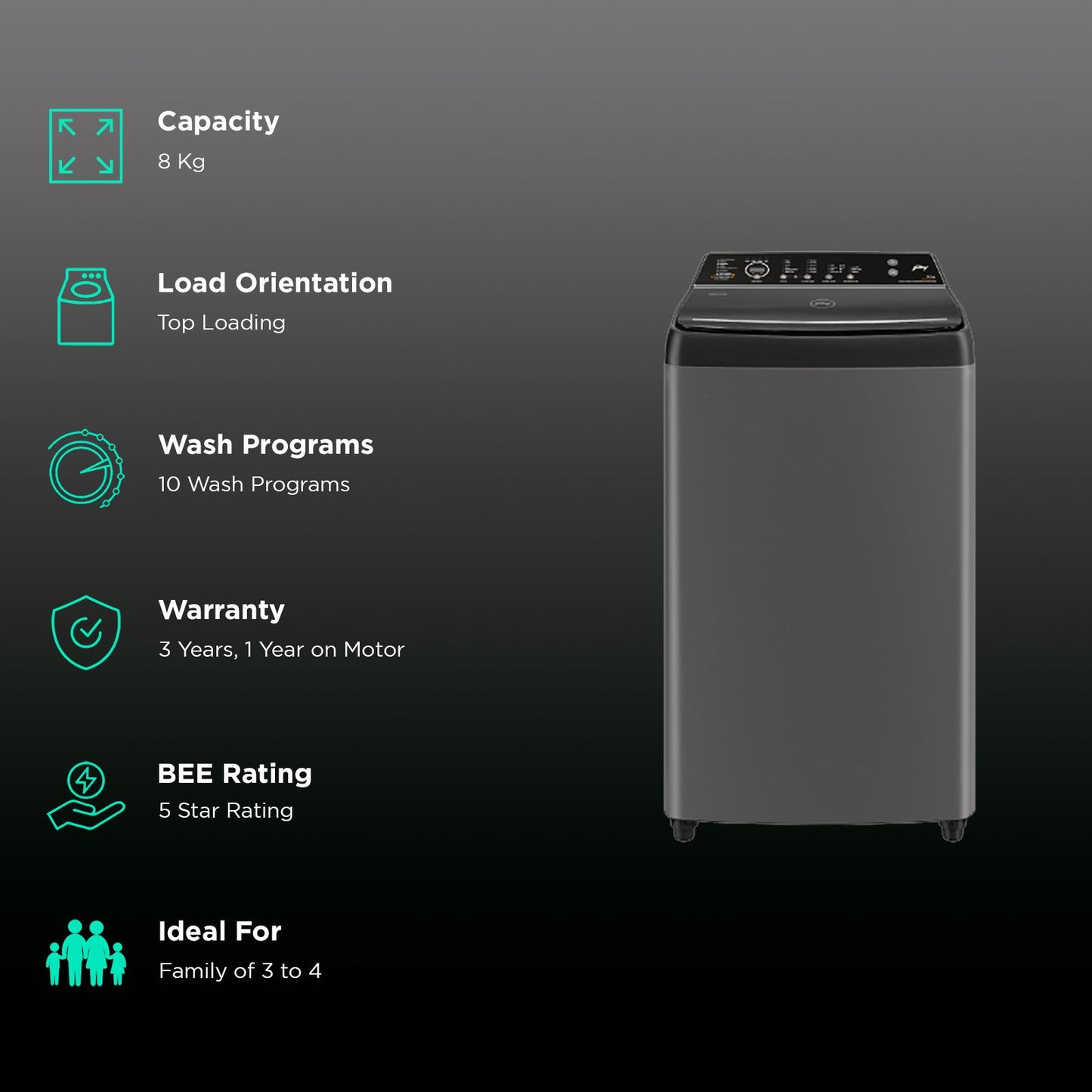 Godrej 8 kg 5 Star Fully Automatic Top Load Washing Machine (Velvet, WTEON VLVT 80 5.0 FDTS MTBK, Built In Heater, Metallic Black)
