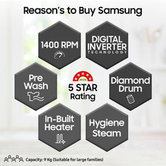 SAMSUNG 9 kg 5 Star Inverter Fully Automatic Front Load Washing Machine (WW90T4040CB1TL, Digital Inverter Motor, Black)