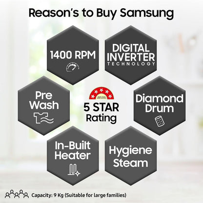 SAMSUNG 9 kg 5 Star Inverter Fully Automatic Front Load Washing Machine (WW90T4040CB1TL, Digital Inverter Motor, Black)
