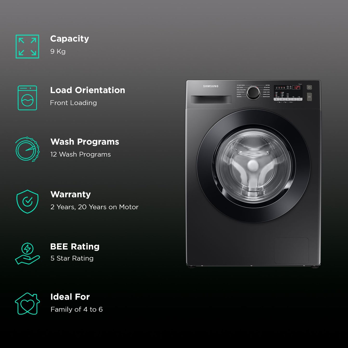 SAMSUNG 9 kg 5 Star Inverter Fully Automatic Front Load Washing Machine (WW90T4040CB1TL, Digital Inverter Motor, Black)