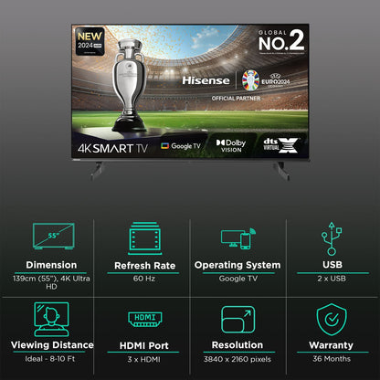 Hisense A65N 139.7 cm (55 inch) LED 4K Ultra HD Google TV with Dolby Vision & Dolby Digital (2024 model)