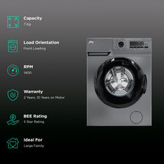 Godrej 7 kg 5 Star Fully Automatic Front Load Washing Machine (Argon, WFEON ARG 7014 FEBDT SLSR, In-built Heater, Silver Stream)