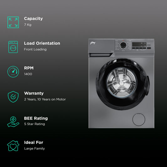Godrej 7 kg 5 Star Fully Automatic Front Load Washing Machine (Argon, WFEON ARG 7014 FEBDT SLSR, In-built Heater, Silver Stream)