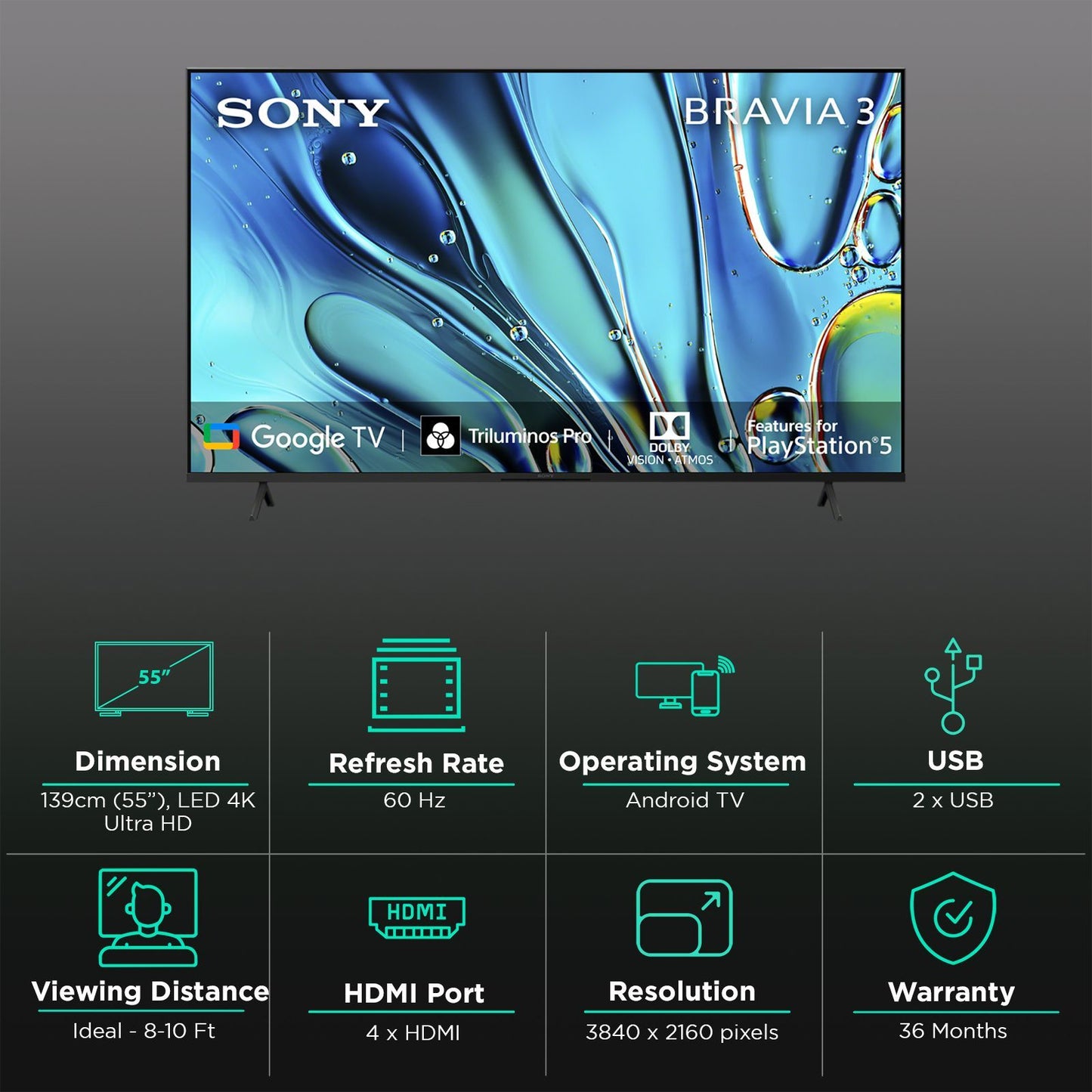 SONY BRAVIA 3 139.7 cm (55 inch) 4K Ultra HD LCD Smart Android TV with Auto Low Latency Mode (2024 Model)