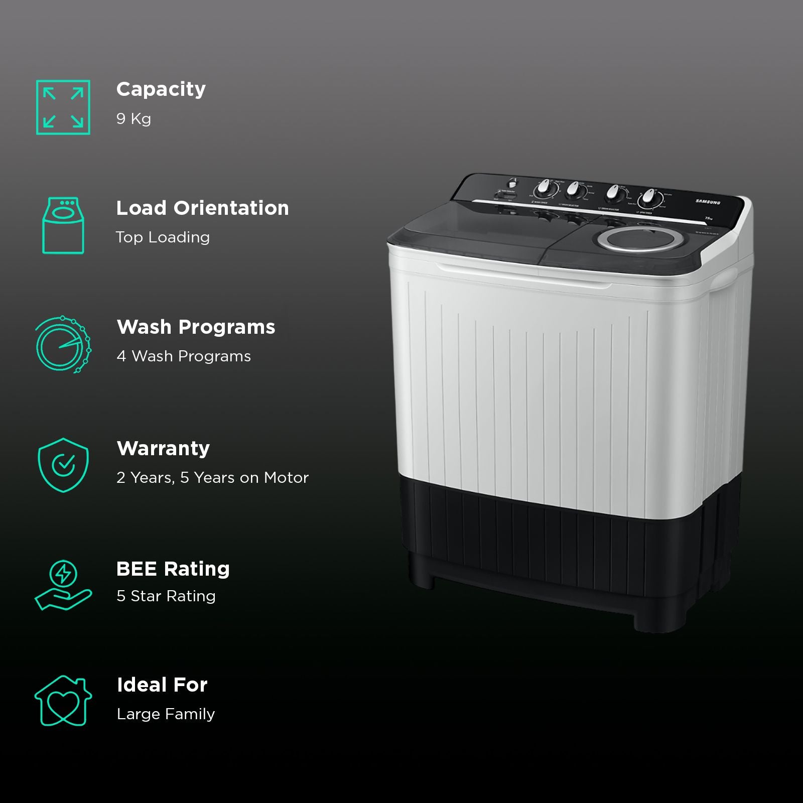 SAMSUNG 9 kg 5 Star Semi Automatic Washing Machine with Hexa Storm Pulsator (WT90C4260GG/TL, Light Grey)