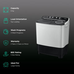 SAMSUNG 9 kg 5 Star Semi Automatic Washing Machine with Hexa Storm Pulsator (WT90C4260GG/TL, Light Grey)