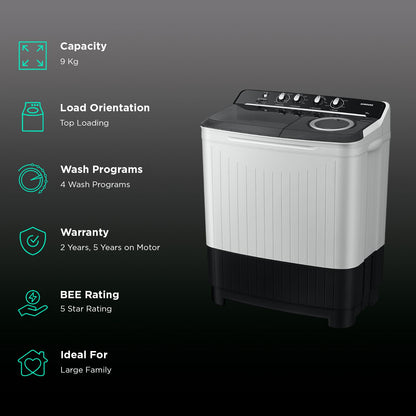 SAMSUNG 9 kg 5 Star Semi Automatic Washing Machine with Hexa Storm Pulsator (WT90C4260GG/TL, Light Grey)