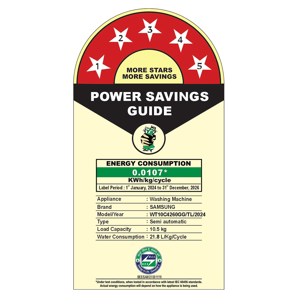 SAMSUNG 10.5 kg 5 Star Semi Automatic Washing Machine with Hexa Storm Pulsator (WT10C4260GG/TL, Light Gray)