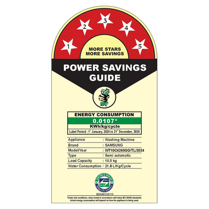 SAMSUNG 10.5 kg 5 Star Semi Automatic Washing Machine with Hexa Storm Pulsator (WT10C4260GG/TL, Light Gray)