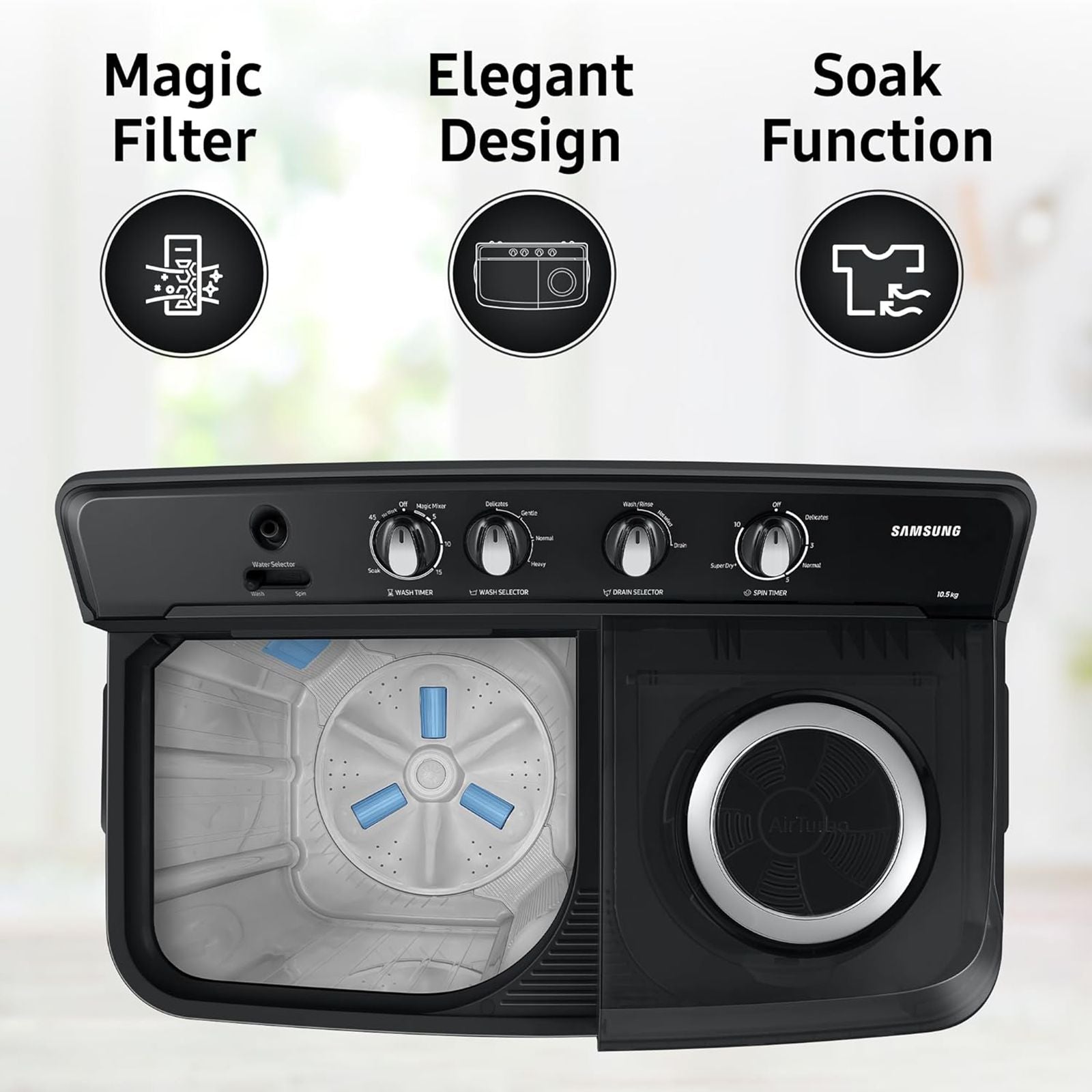 SAMSUNG 10.5 kg 5 Star Semi Automatic Washing Machine with Hexa Storm Pulsator (WT10C4260GG/TL, Light Gray)