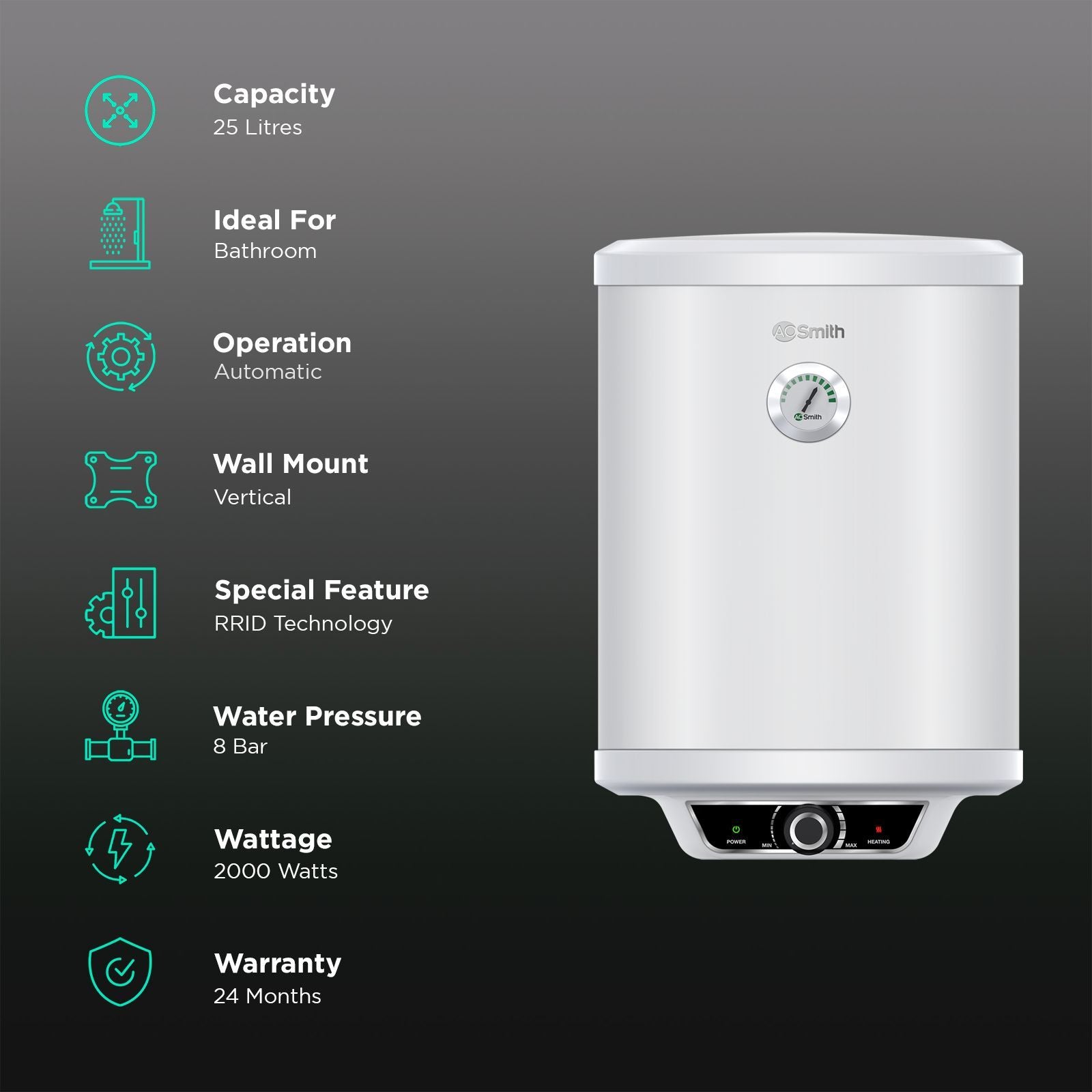 AO Smith Elegance Prime 25 Litre 5 Star Vertical Storage Geyser with Innovative RRID Technology (White)