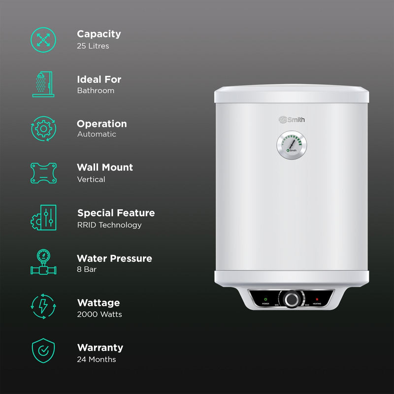 AO Smith Elegance Prime 25 Litre 5 Star Vertical Storage Geyser with Innovative RRID Technology (White)