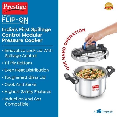 Prestige Svachh Flip-on Mini Stainless Steel Gas and Induction Compatible Pressure Cooker with Glass Lid, 3 Litre (Silver)