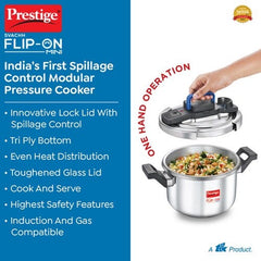 Prestige Svachh Flip-on Mini Stainless Steel Gas and Induction Compatible Pressure Cooker with Glass Lid, 3 Litre (Silver)