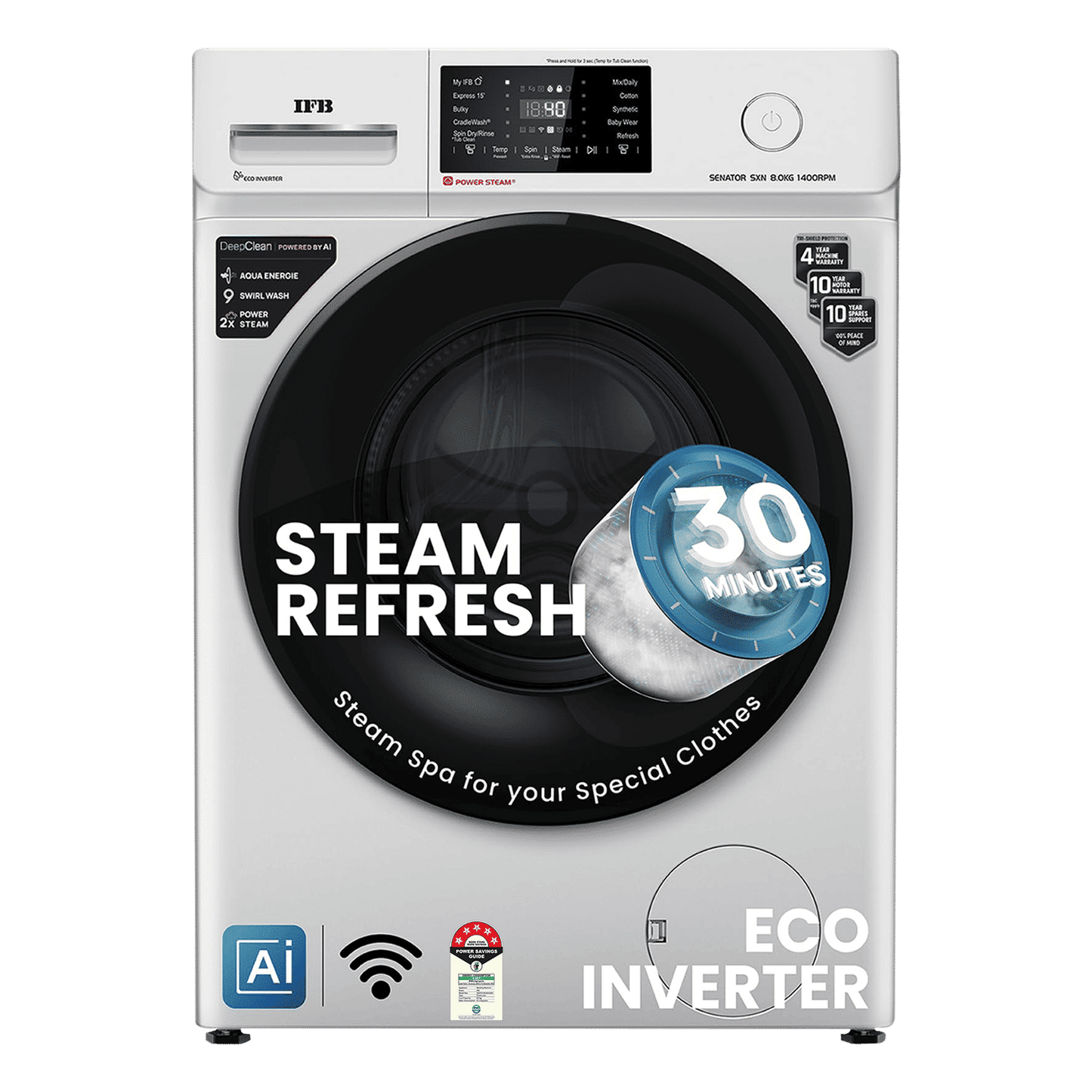 IFB 8 kg 5 Star Wi-Fi Inverter Fully Automatic Front Load Washing Machine (Senator SXN 8014, AI Technology, Rich Silver)