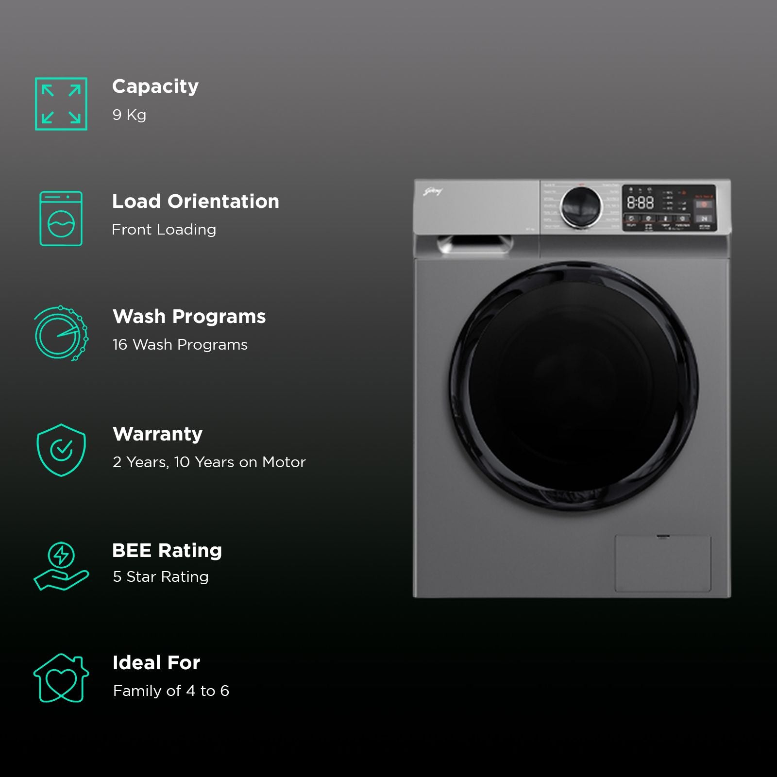 Godrej 9 kg 5 Star Inverter Fully Automatic Front Load Washing Machine (Eon Celesta, WFEON CEL 9014 IEBT SLSR, In-built Heater, Silver Stream)