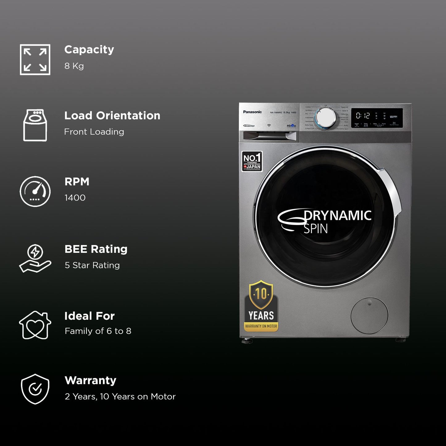Panasonic 8 kg 5 Star Wi-Fi Fully Automatic Front Load Washing Machine (NA-148MR2L01, In-built Heater, Dark Silver)