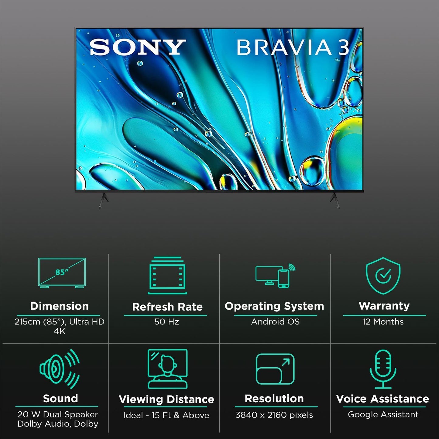 SONY BRAVIA 3 215.9 cm (85 inch) LED 4K Ultra HD Smart Android TV with Dolby Vision & Dolby Atmos (2024 model)