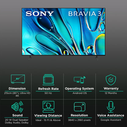 SONY BRAVIA 3 215.9 cm (85 inch) LED 4K Ultra HD Smart Android TV with Dolby Vision & Dolby Atmos (2024 model)