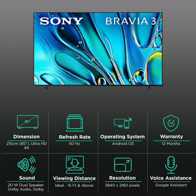 SONY BRAVIA 3 215.9 cm (85 inch) LED 4K Ultra HD Smart Android TV with Dolby Vision & Dolby Atmos (2024 model)