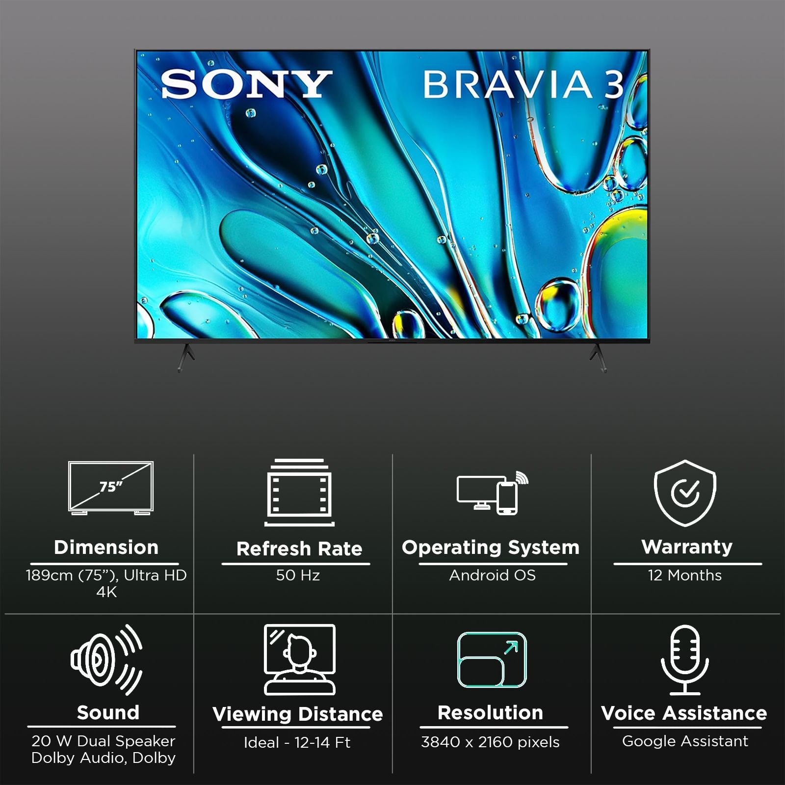 SONY BRAVIA 3 190.5 cm (75 inch) LCD 4K Ultra HD Smart Android TV with Dolby Vision & Dolby Atmos (2024 model)