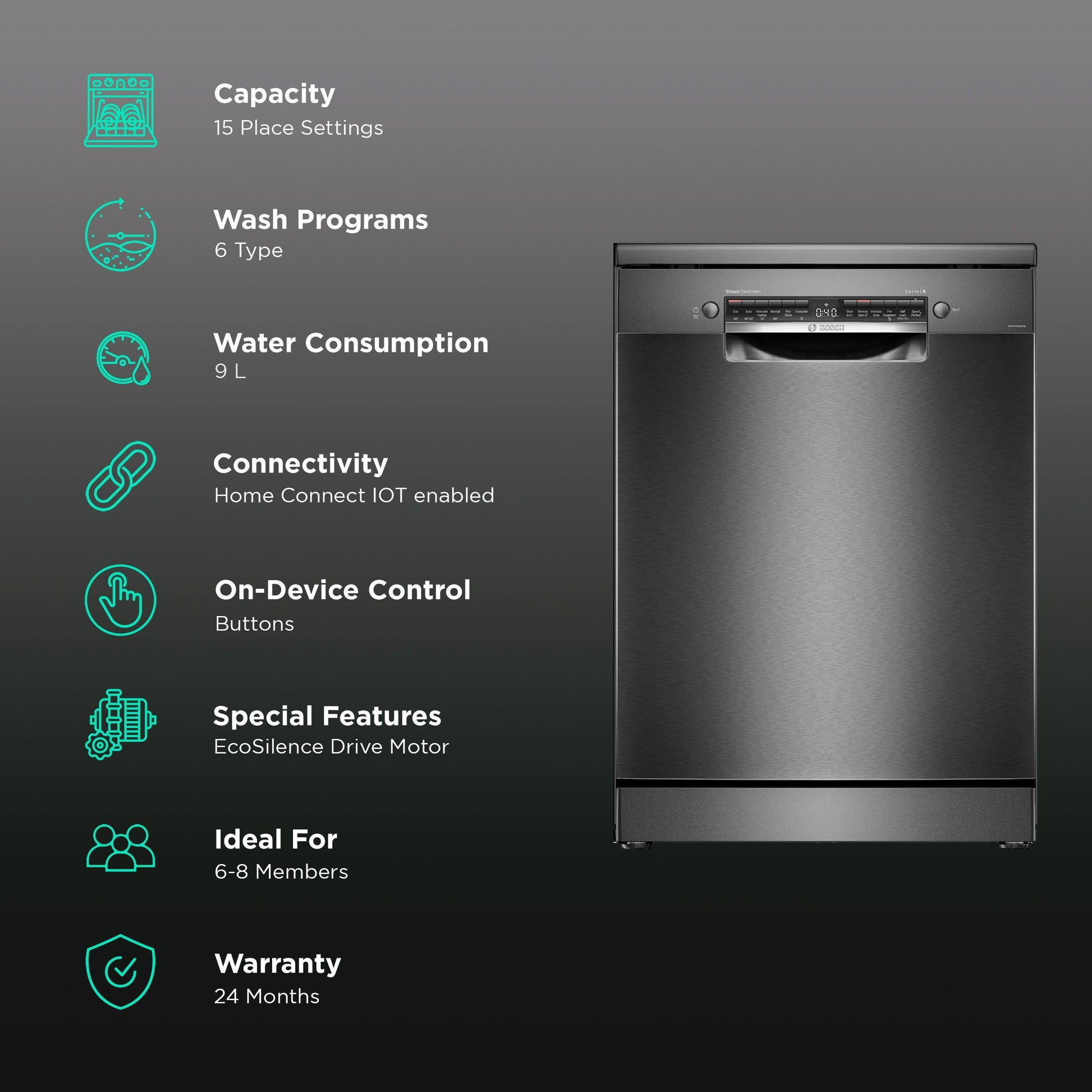 BOSCH Series 6 15 Place Settings Free Standing Dishwasher with Anti-Fingerprint (No Pre-rinse Required, Black Inox)