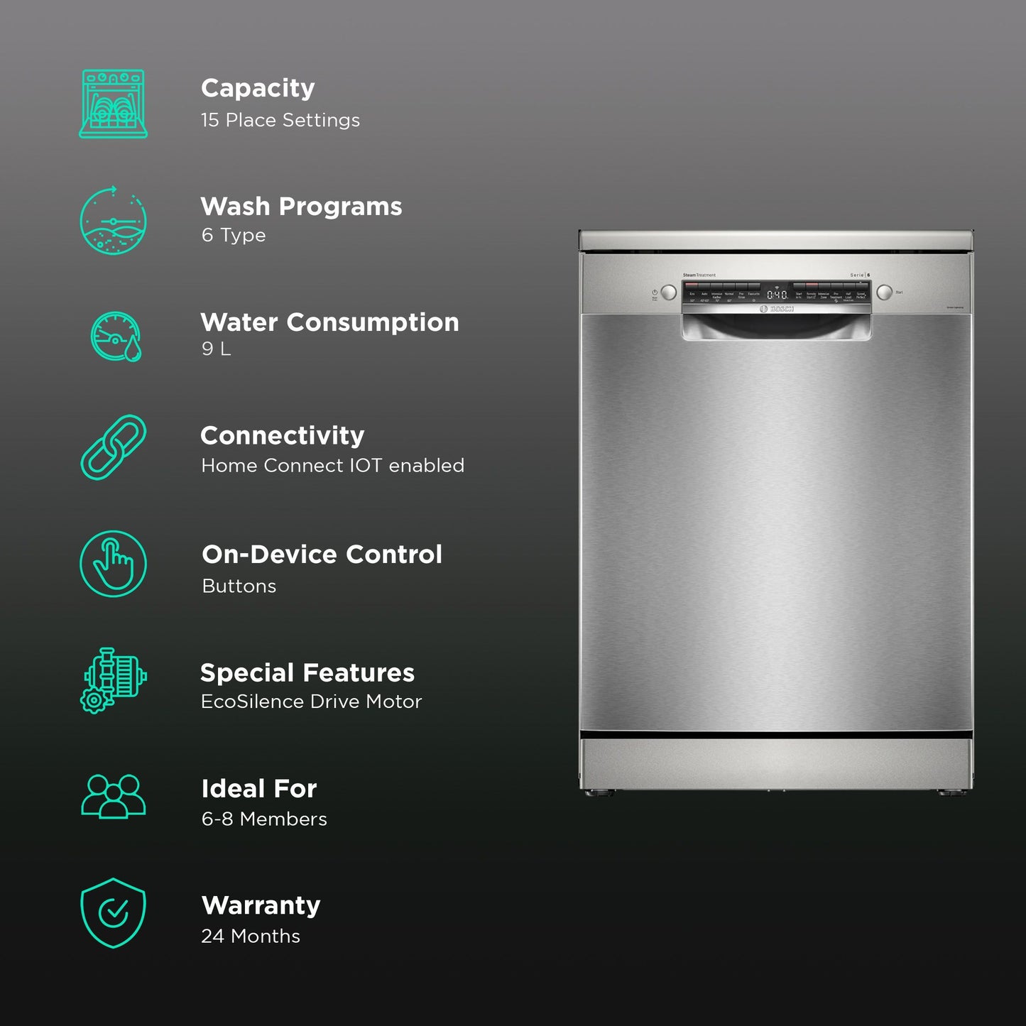 BOSCH Series 6 15 Place Settings Free Standing Dishwasher with Anti-Fingerprint (No Pre-rinse Required, Silver Inox)