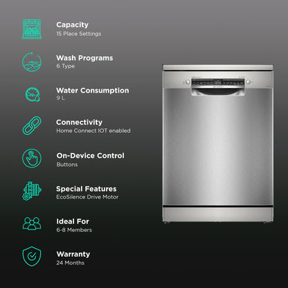 BOSCH Series 6 15 Place Settings Free Standing Dishwasher with Anti-Fingerprint (No Pre-rinse Required, Silver Inox)