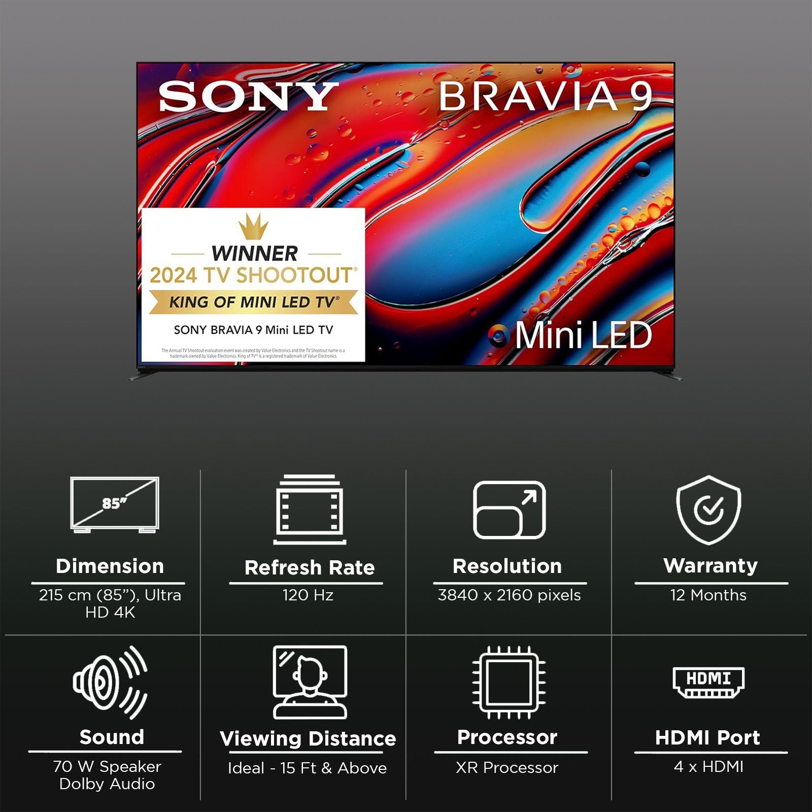 SONY BRAVIA 9 215.9 cm (85 inch) LED 4K Ultra HD Mini Smart Android TV with Dolby Vision & Dolby Atmos (2024 model)