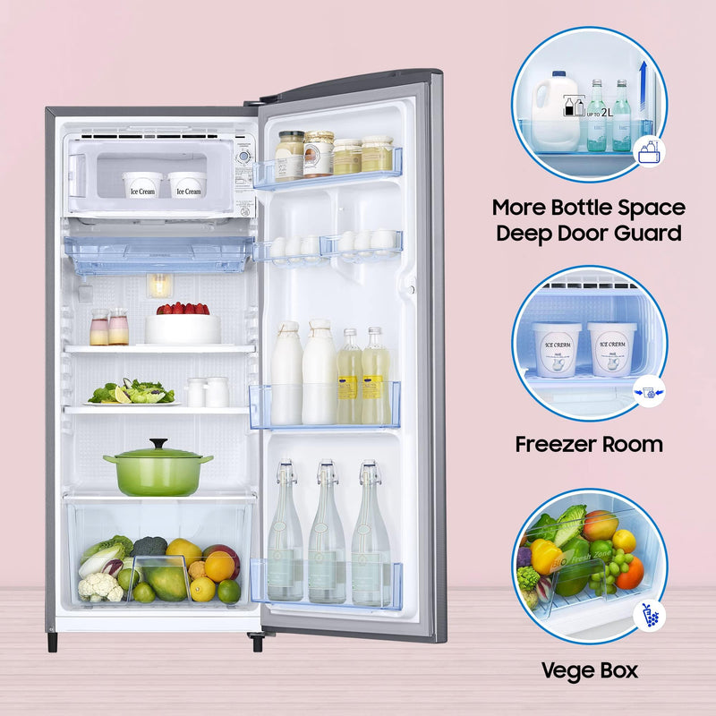 SAMSUNG Stylish Grande 183 Litres 2 Star Direct Cool Single Door Refrigerator with Stabilizer Free Operation (RR20C2412GS/NL, Grey Silver)