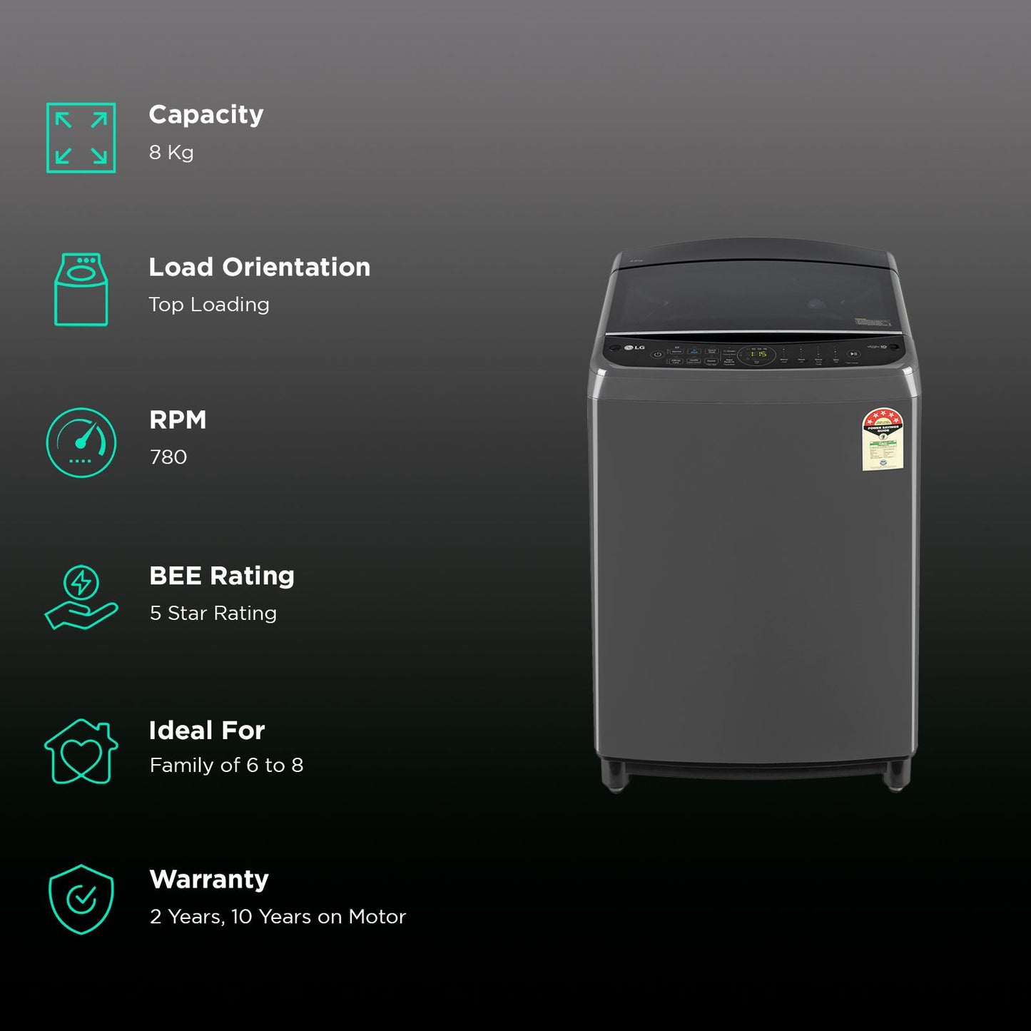 LG 8 kg 5 Star Fully Automatic Top Load Washing Machine (THD08SJM, AI Direct Drive, Middle Black)