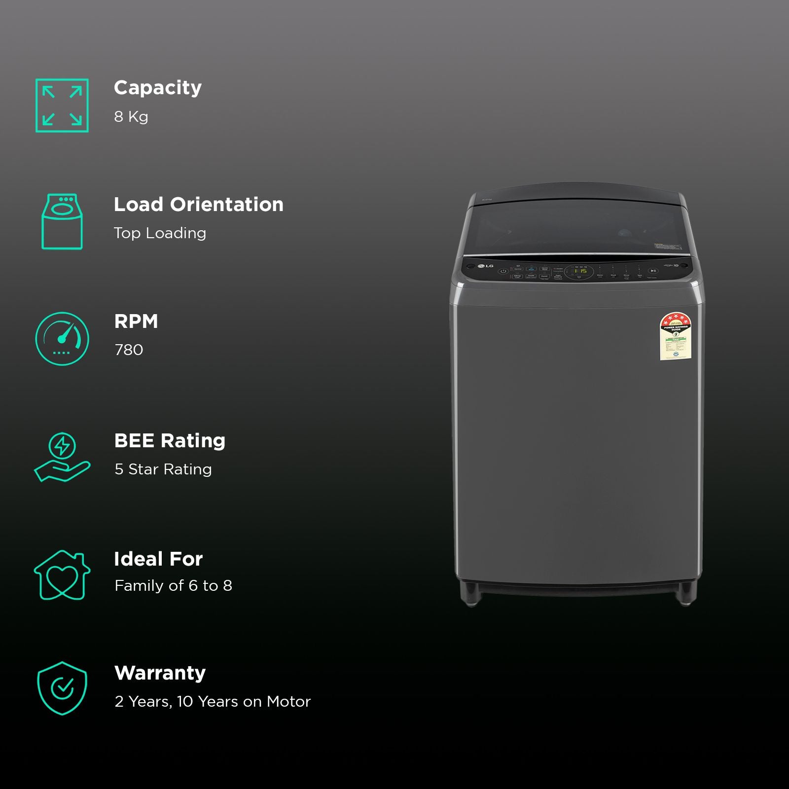 LG 8 kg 5 Star Fully Automatic Top Load Washing Machine (THD08SJM, AI Direct Drive, Middle Black)
