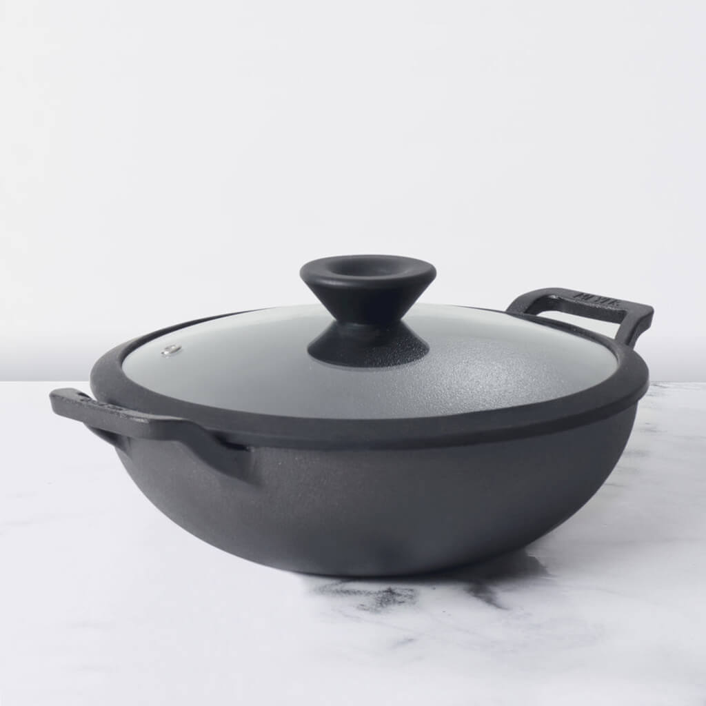 Meyer Pre Seasoned Cast Iron shallow Kadai With Glass Lid ,30cm