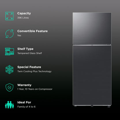 SAMSUNG 396 Litres 2 Star Frost Free Double Door Smart Wifi Enabled Refrigerator with Digital Inverter Compressor (RT41DG6A2BB1HL, Black Matt)