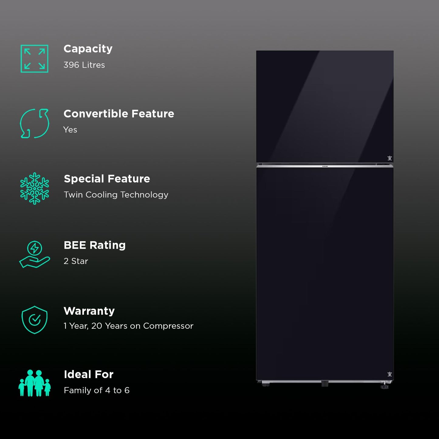 SAMSUNG 396 Litres 2 Star Frost Free Double Door Smart Wifi Enabled Refrigerator with Digital Inverter Compressor (RT41DB6A4B22HL, Black Glass)