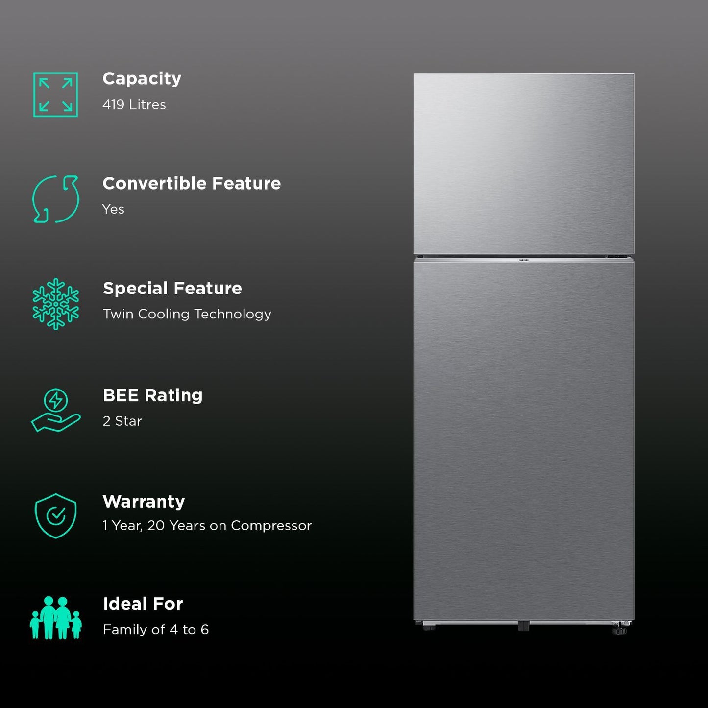 SAMSUNG 419 Litres 2 Star Frost Free Double Door Smart Wifi Enabled Refrigerator with Digital Inverter Compressor (RT45DG6A2BSLHL, Real Stainless)