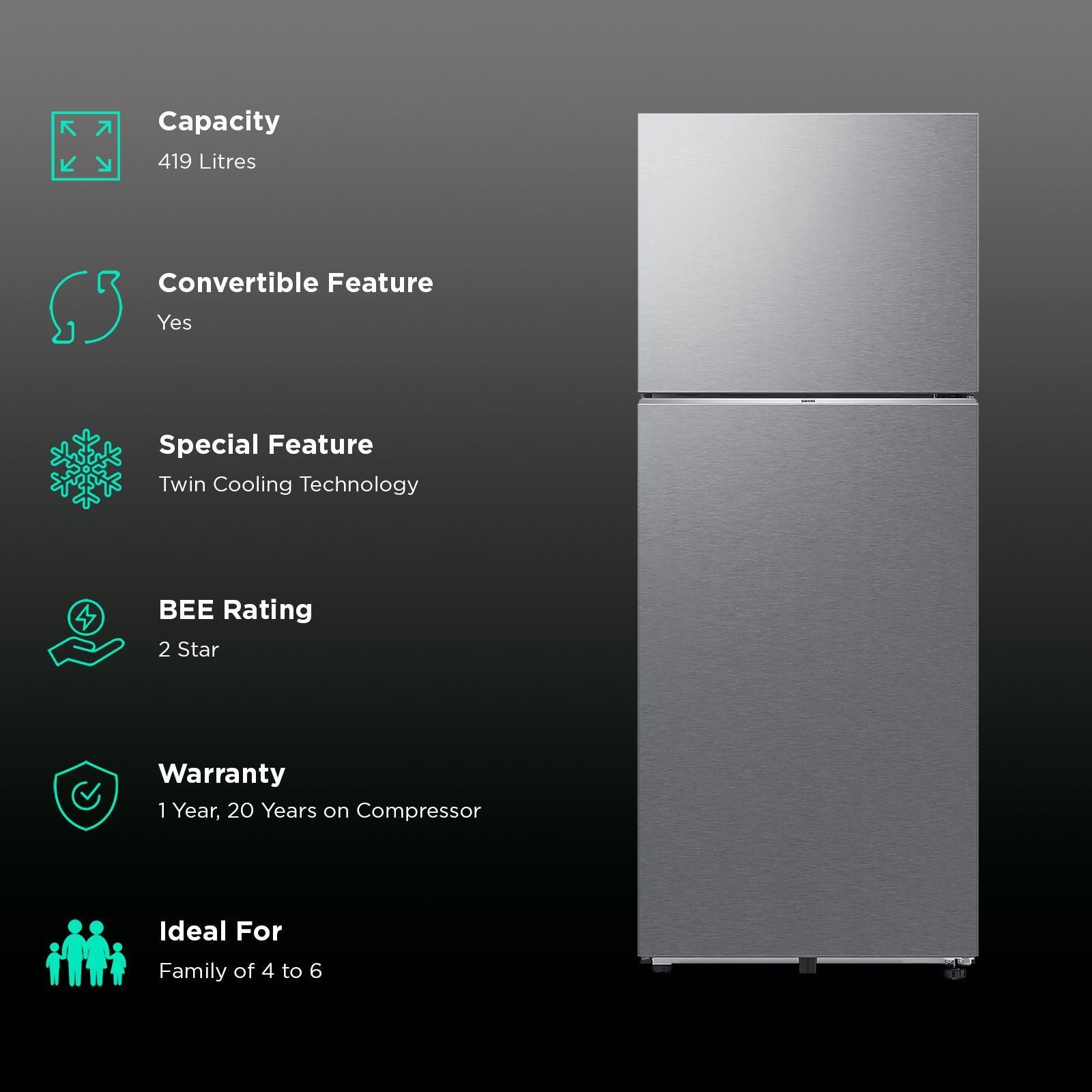 SAMSUNG 419 Litres 2 Star Frost Free Double Door Smart Wifi Enabled Refrigerator with Digital Inverter Compressor (RT45DG6A2BSLHL, Real Stainless)