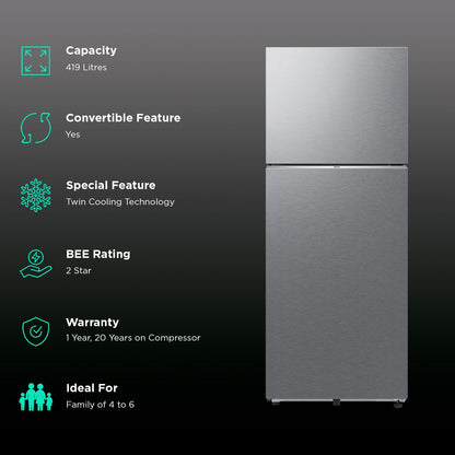 SAMSUNG 419 Litres 2 Star Frost Free Double Door Smart Wifi Enabled Refrigerator with Digital Inverter Compressor (RT45DG6A2BSLHL, Real Stainless)