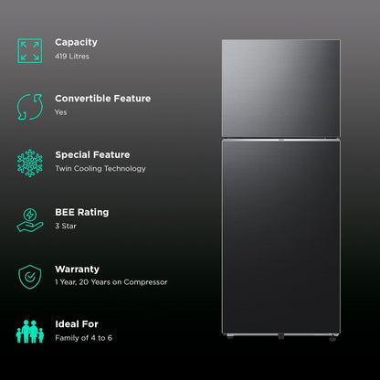 SAMSUNG 419 Litres 3 Star Frost Free Double Door Smart Wifi Enabled Refrigerator with Digital Inverter Compressor (RT45DG6A4DBXHL, Luxe Black)