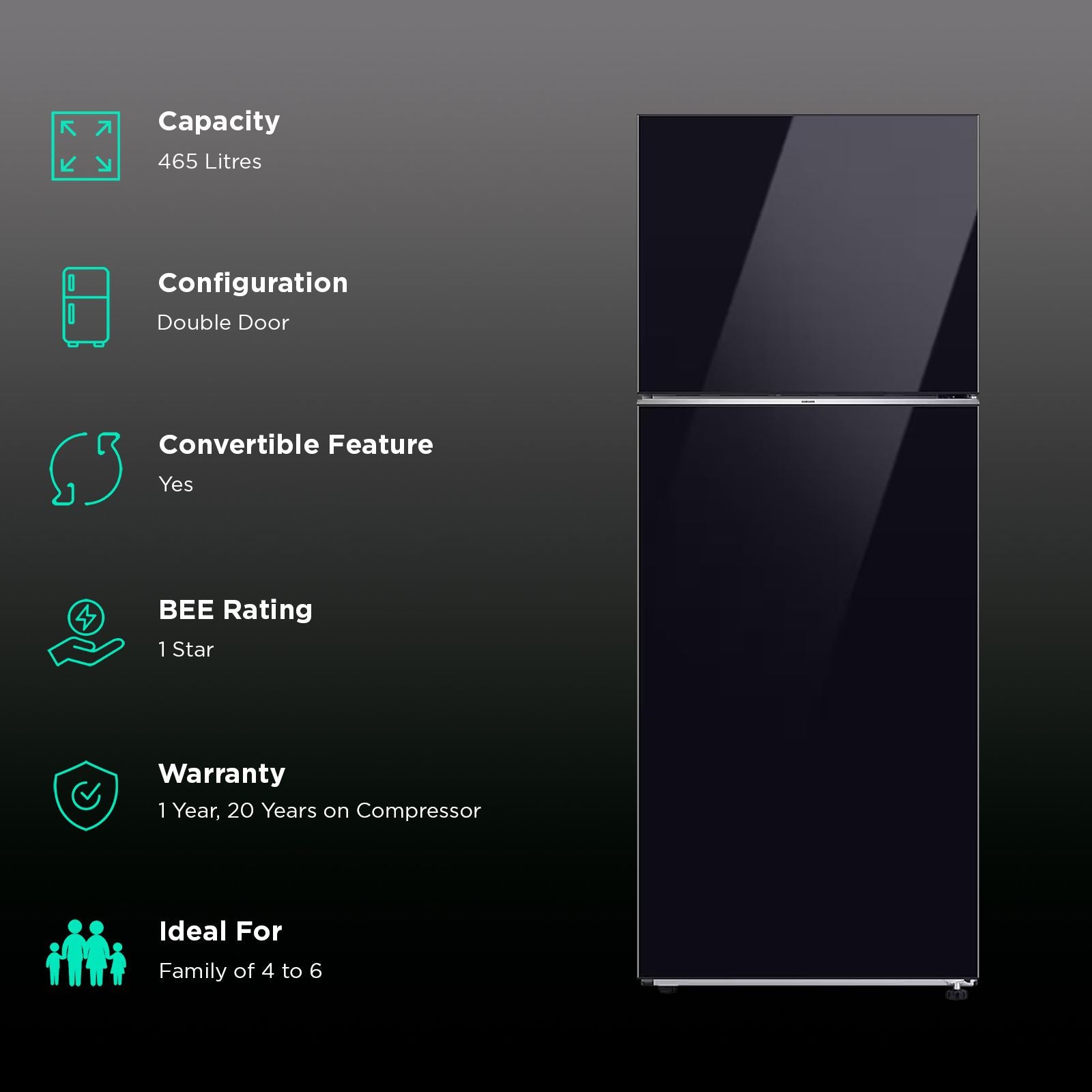 SAMSUNG 465 Litres 1 Star Frost Free Double Door Smart Wifi Enabled Refrigerator with AI Energy Mode (RT51DB682A22TL, Black Glass)