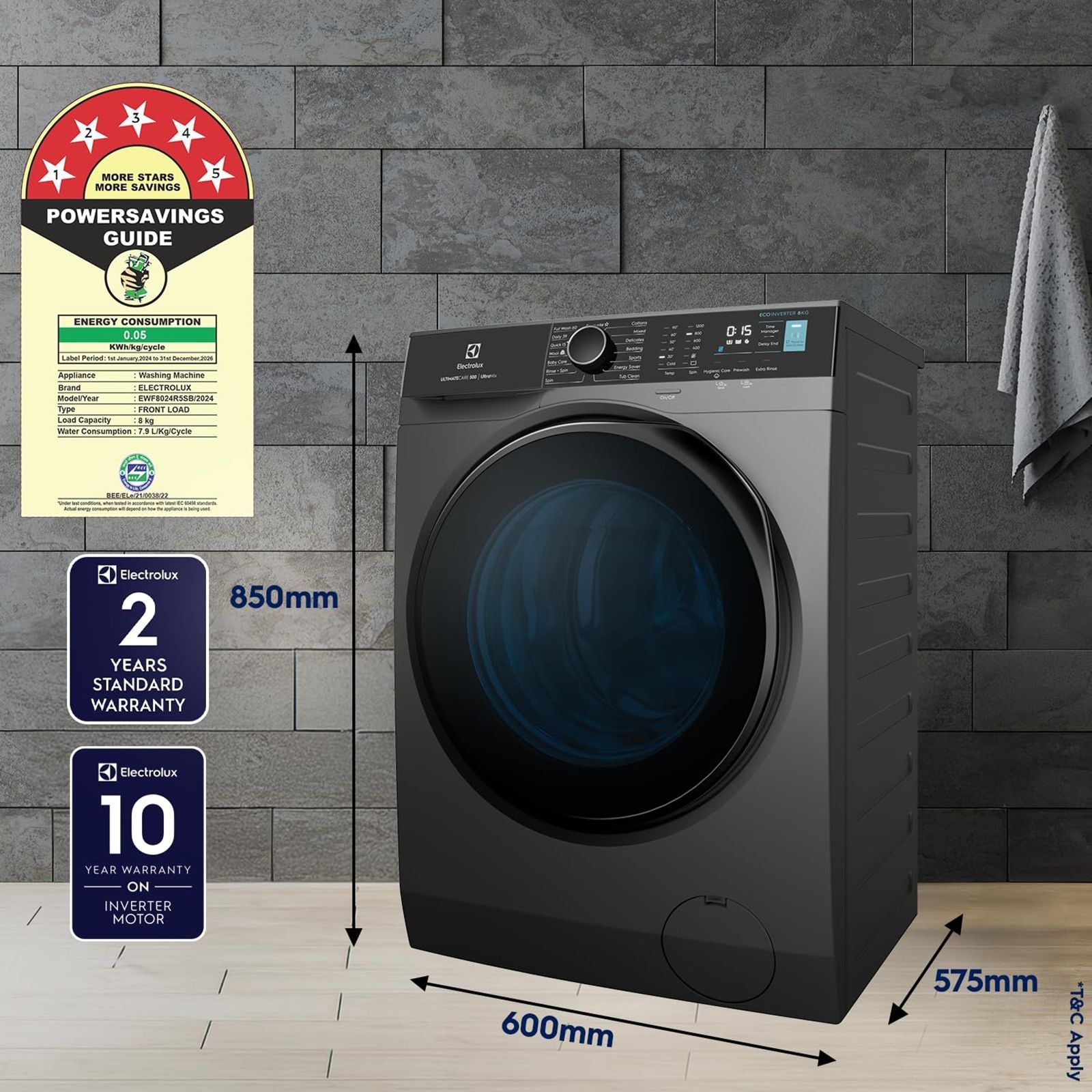 Electrolux 8 kg 5 Star Inverter Fully Automatic Front Load Washing Machine (Ultimate Care 500, EWF8024R5SB, Woolmark Approved, Onyx Dark Silver)