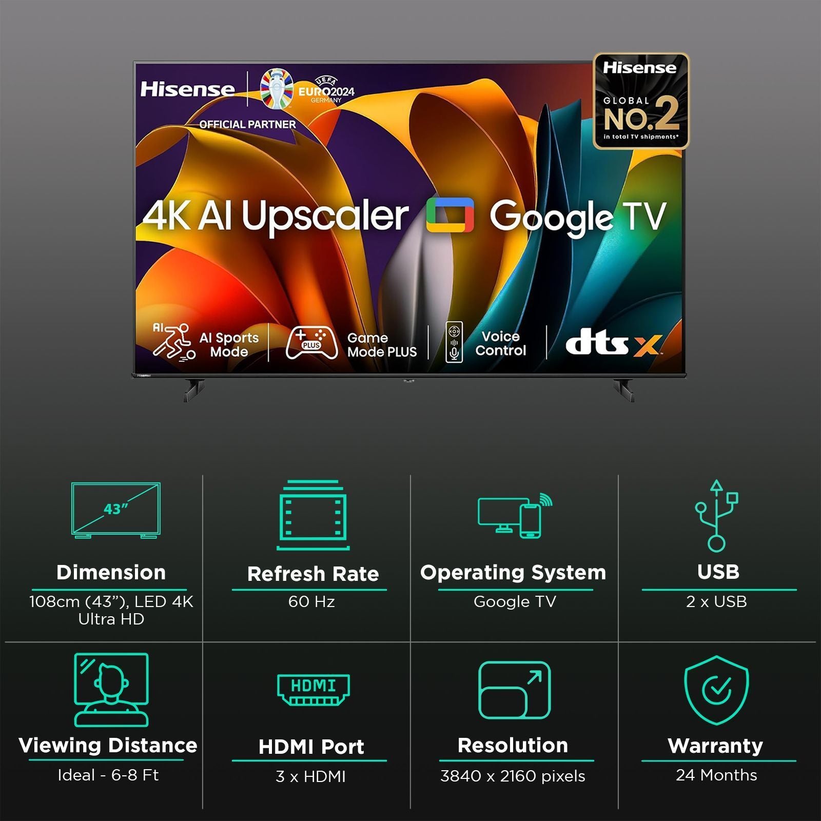 Hisense E6N 109.22 cm (43 inch) 4K Ultra HD LED Google TV with Dolby Digital (2024 model)