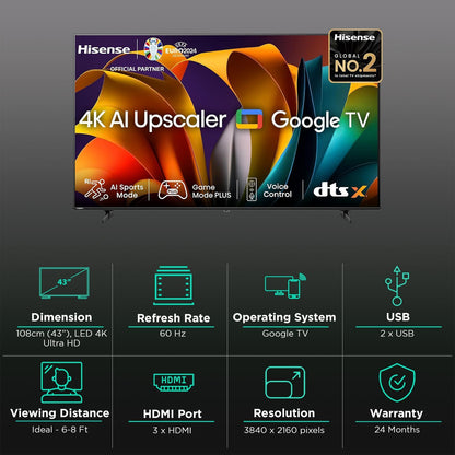 Hisense E6N 109.22 cm (43 inch) 4K Ultra HD LED Google TV with Dolby Digital (2024 model)