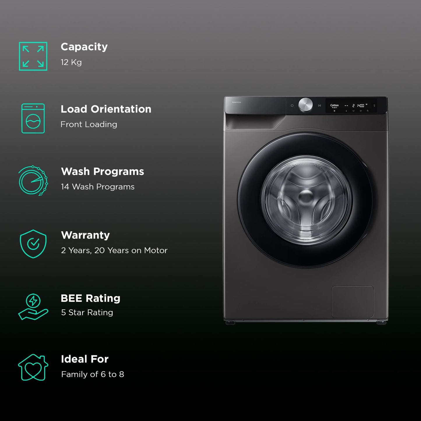 SAMSUNG 12 kg 5 Star Wi-Fi Inverter Fully Automatic Front Load Washing Machine (WW12DG6B24AXTL, AI Control, Inox)