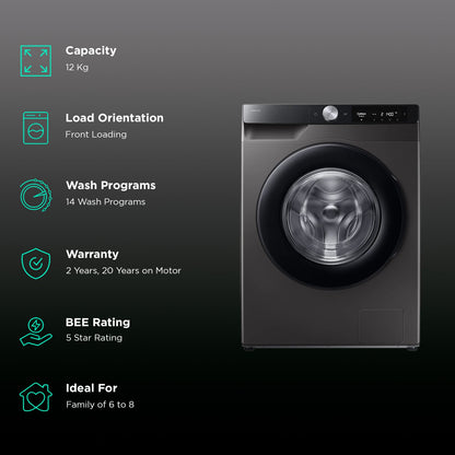 SAMSUNG 12 kg 5 Star Wi-Fi Inverter Fully Automatic Front Load Washing Machine (WW12DG6B24AXTL, AI Control, Inox)