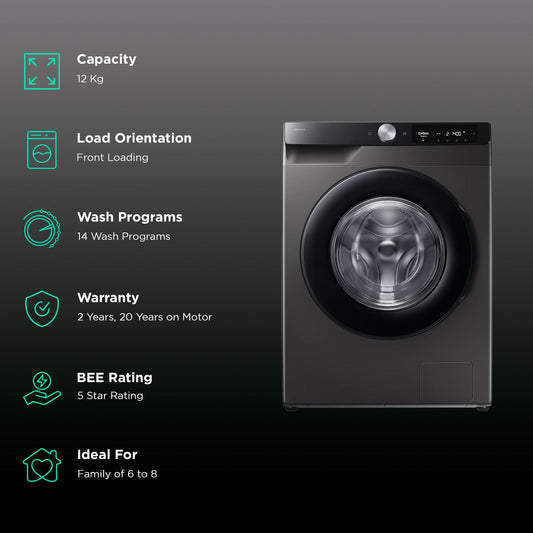 SAMSUNG 12 kg 5 Star Wi-Fi Inverter Fully Automatic Front Load Washing Machine (WW12DG6B24AXTL, AI Control, Inox)