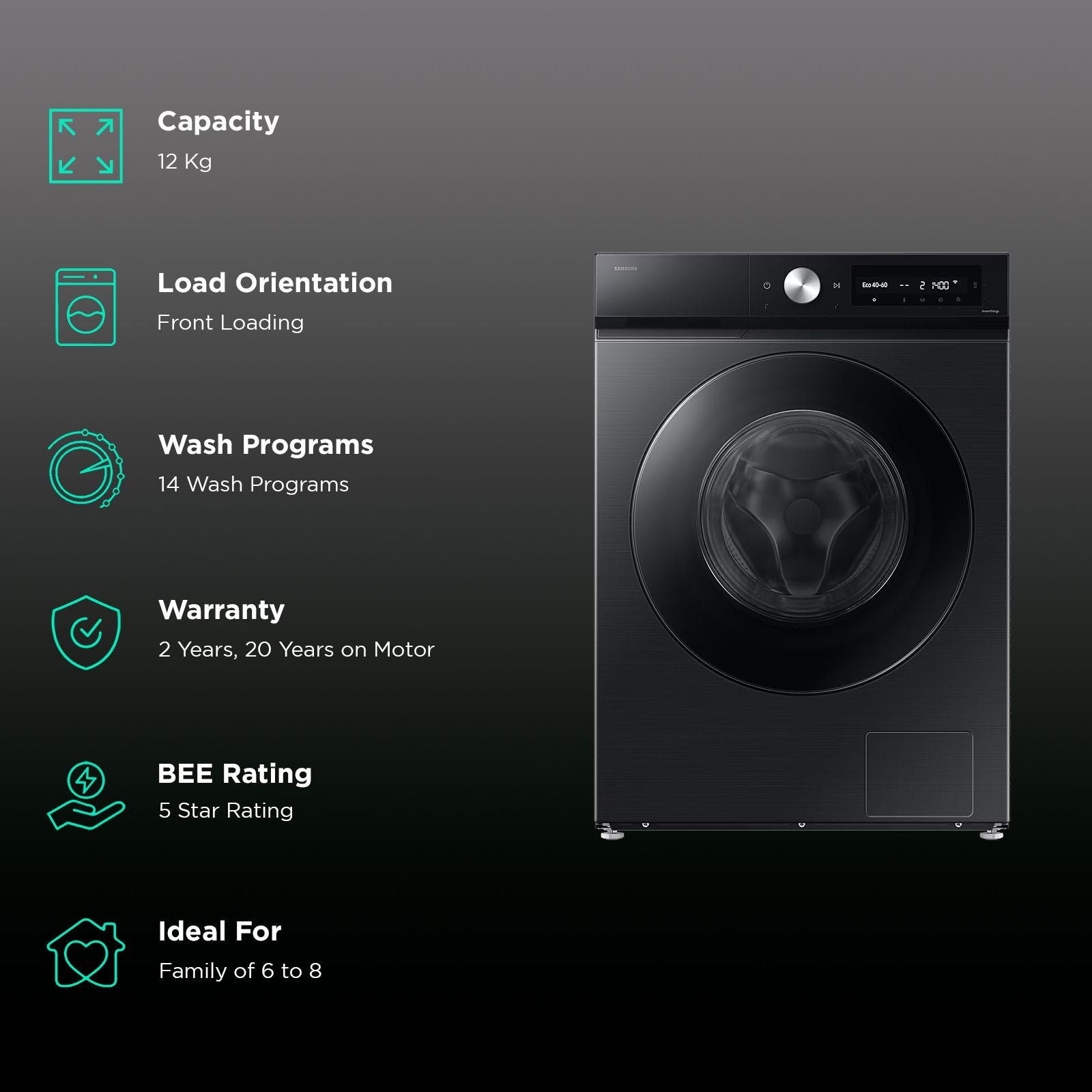 SAMSUNG 12 kg 5 Star Wi-Fi Inverter Fully Automatic Front Load Washing Machine (WW12DB7B24GBTL, AI Control, Black)